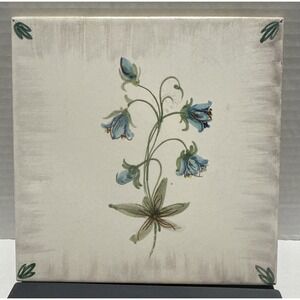 Vtg Floral Ceramic Tile Hand-Painted-White W/ Blue & Green & Shading-Germany-6x6